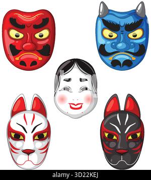 Five colorful Japanese masks, including oni, kitsune, and okame, in clean vector style Stock Vector
