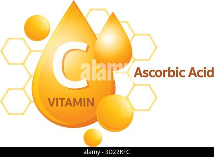 Bright orange vitamin C droplets with hexagonal molecular structure, flat vector style, white background Stock Vector