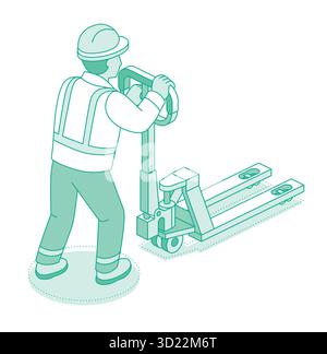 Isometric outline worker pushing a pallet truck in a warehouse. Logistics, transport, and cargo handling concept. Vector illustration. Stock Vector