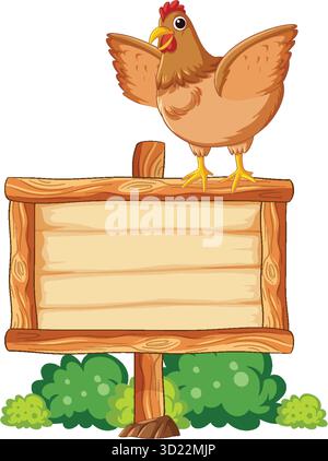 Vector illustration of chicken on blank wooden sign, cartoon style, bright colors, isolated background Stock Vector