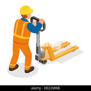 Isometric worker in orange uniform operating pallet truck. Warehouse logistics and cargo handling concept. Vector illustration. Stock Vector
