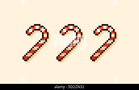 Pixel art Christmas candy cane decoration. Sweet candy in white and red stripes. Stock Vector