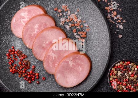 Sliced ham, meat, pork or turkey sausage for sandwiches. Ham slices, food Stock Photo