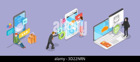 3D Isometric Flat  Illustration of Data Security in E-commerce, AI In Online Shopping Stock Photo