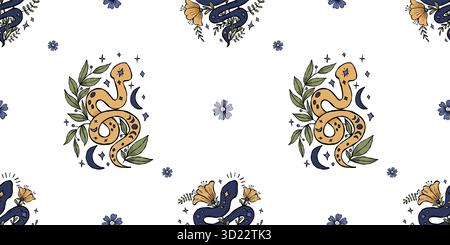 Seamless Pattern with Mystical Snakes, Moon and Flowers on White Background. Repeating Textured Hand Drawing Doodle. Vector horizontal illustration Stock Vector