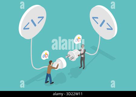 3D Isometric Flat  Illustration of Application Programming Interface , Programmer Establishes Connection Between Coding Programs Stock Photo