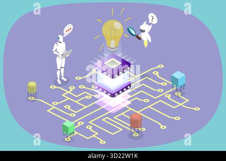 3D Isometric Flat  Illustration of Technological Innovation and Invention, Artificial Intelligence and Machine Learning Stock Photo