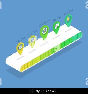3D Isometric Flat  Illustration of Workflow, Five-Step Process Using Pointer Scale Stock Photo