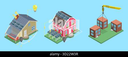 3D Isometric Flat  Illustration of Energy-plus Houses, Showcasing Innovative Private Construction Technologies Stock Photo