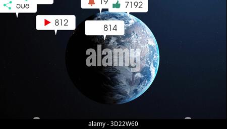 Displaying planet Earth rotating in space with share icon and notification counters 812,19,7192,814 Stock Photo