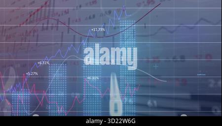 Displaying financial bar charts and line graphs showing market trends at office, with percentages Stock Photo