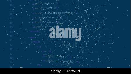 Displaying glowing network filling right half of screen, with HTML code lines and table headers Stock Photo