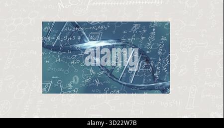 Displaying blue-toned 3D DNA helix glowing on digital canvas, with formulas, diagrams, lab icons Stock Photo