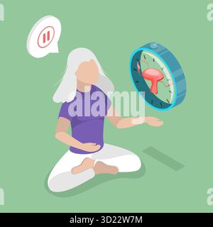 3D Isometric Flat  Illustration of Aging and Menopause, Elderly Woman Facing Ticking Fertility Clock Stock Photo