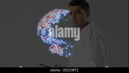 Analyzing researcher in white lab coat holding tablet in lab, with holographic data arc, copy space Stock Photo
