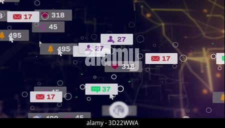 Floating envelope, heart, bell, user and chat icons drifting across interface, showing grid lines Stock Photo
