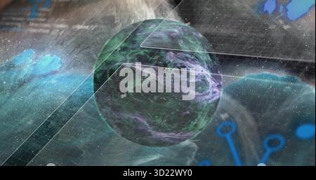 Rotating sphere projecting hex overlay in virtual space, with data panels floating blue icon nodes Stock Photo