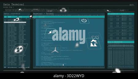Rendering code editor showing JavaScript on screen with case list, key table, dump, floating icons Stock Photo