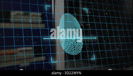 Displaying turquoise fingerprint overlaying blue grid on laptop, biometric scan lines and particles Stock Photo