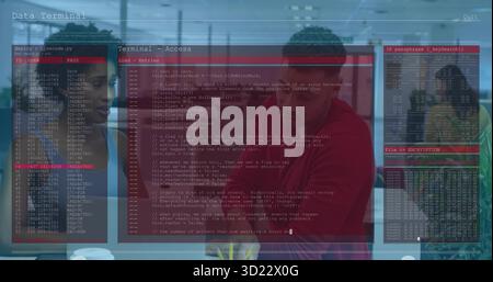 Collaborating three tech professionals reviewing projected code on glass in office, laptops, mugs Stock Photo