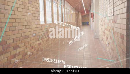 Displaying empty brick corridor showing floating numerical data grid inside hallway, with windows Stock Photo