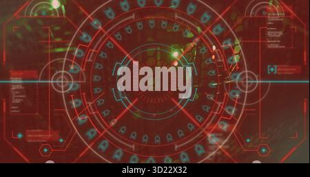 Displaying HUD projecting red circles and crosshair reticle in interface with data panels Stock Photo