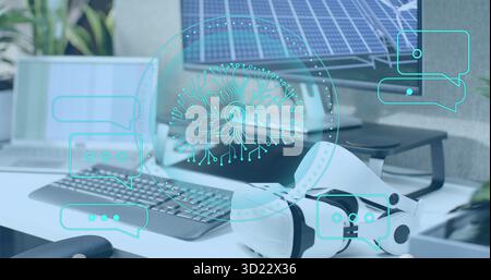 White VR headset projecting AI chat overlays on office desk, with keyboard mouse and solar monitor Stock Photo