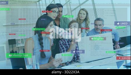 Collaborating team of six analyzing code overlays on laptop in glass-walled office, with smartphone Stock Photo