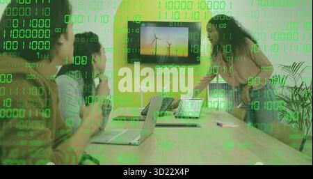 Collaborating professionals analyzing binary code overlay in office meeting room, with DSLR camera Stock Photo