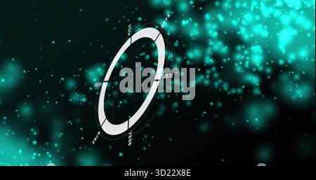 Spinning 3D segmented gauge ring in interface, showing numeric labels and glowing turquoise points Stock Photo