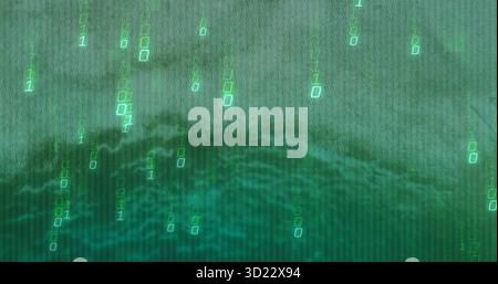 Streaming glowing binary digits cascading across digital simulation, water-like texture effect Stock Photo