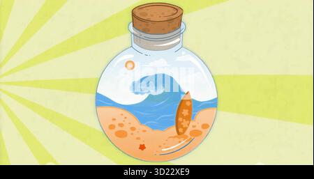 Displaying corked bottle containing beach on backdrop with surfboard starfish ocean wave sun clouds Stock Photo