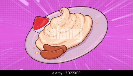 Displaying oval plate holding mashed potatoes, two sausages on pink pop-art backdrop with red sauce Stock Photo