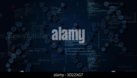Displaying network graph at analytics dashboard featuring translucent nodes and code snippets Stock Photo