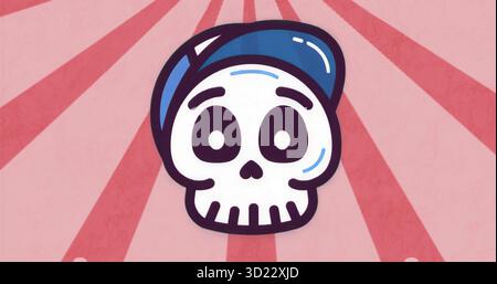 Displaying stylized white skull wearing blue backward baseball cap on pink radial stripe background Stock Photo