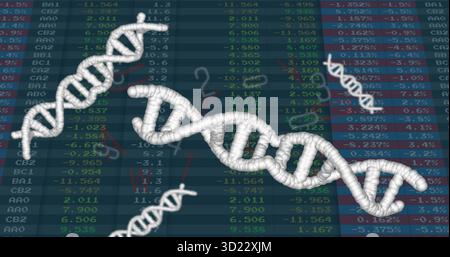 Floating white 3D DNA helix models over financial data grid, with ticker symbols, chalk annotations Stock Photo