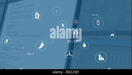 Displaying dashboard showing code and hex panels with floating icons in app interface, with metrics Stock Photo