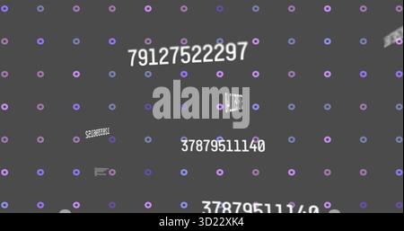 Displaying floating numeric strings over dark grey grid, with purple-blue nodes and data blocks Stock Photo