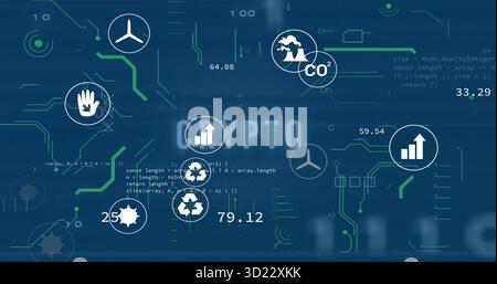 Displaying environmental crypto metrics in dashboard UI, with wind turbine and CO? factory icons Stock Photo