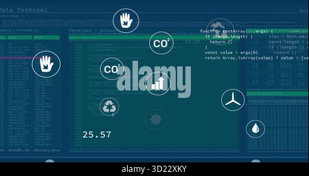 Displaying dashboard with code panels, encryption logs and environmental icons on teal screen Stock Photo
