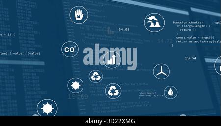 Displaying environmental icons and metrics floating over code editor, with CO2 and recycling icons Stock Photo