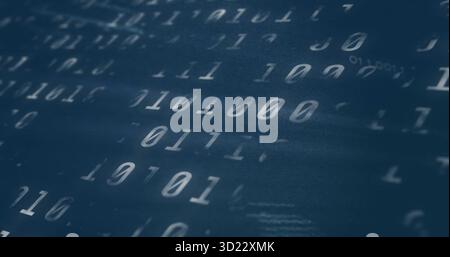 Streaming binary code across dark blue digital dashboard interface, with layered white digits Stock Photo