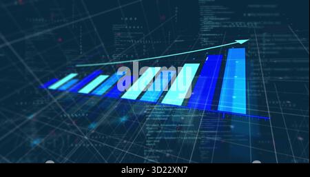 3D bar chart rising in analytics hub, with trend arrow, code snippets, binary digits, grid lines Stock Photo