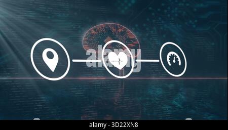 Animating circular heart icon pulsing on virtual dashboard interface, with schematic brain graphic Stock Photo