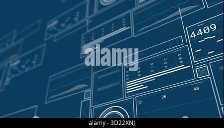 Floating semi-transparent UI panels displaying stats in dashboard, with line graphs and bar charts Stock Photo