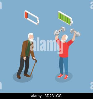 3D Isometric Flat  Illustration of Active And Inactive Person in Old Age, Happy and Healthy Aging Stock Photo