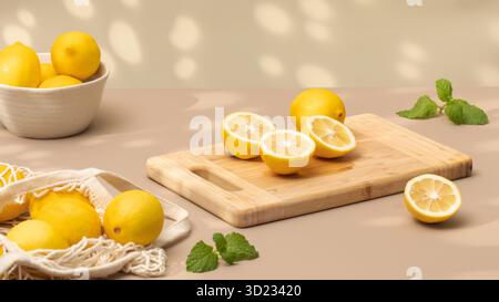 Whole and halves of yellow lemons on a wooden board. Juicy ripe lemons. Stock Photo