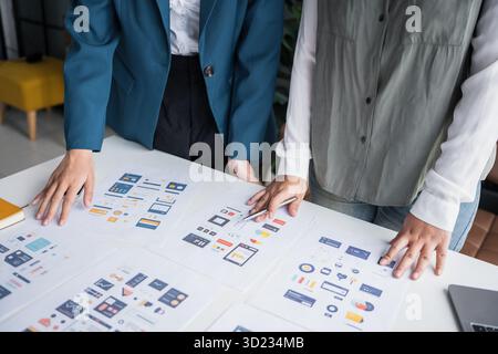 Developer team brainstorming user interface and experience designs for mobile application ux ui graphic prototype. Stock Photo