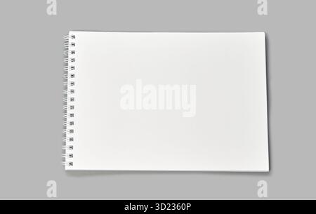 Blank spiral notebook on gray background with open white pages for sketching Stock Photo