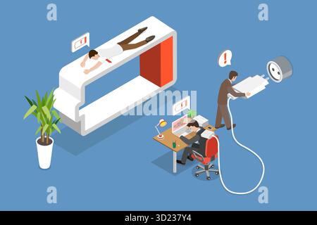 3D Isometric Flat  Illustration of Working Burnout, Deadlines, Stress, Depression Stock Photo